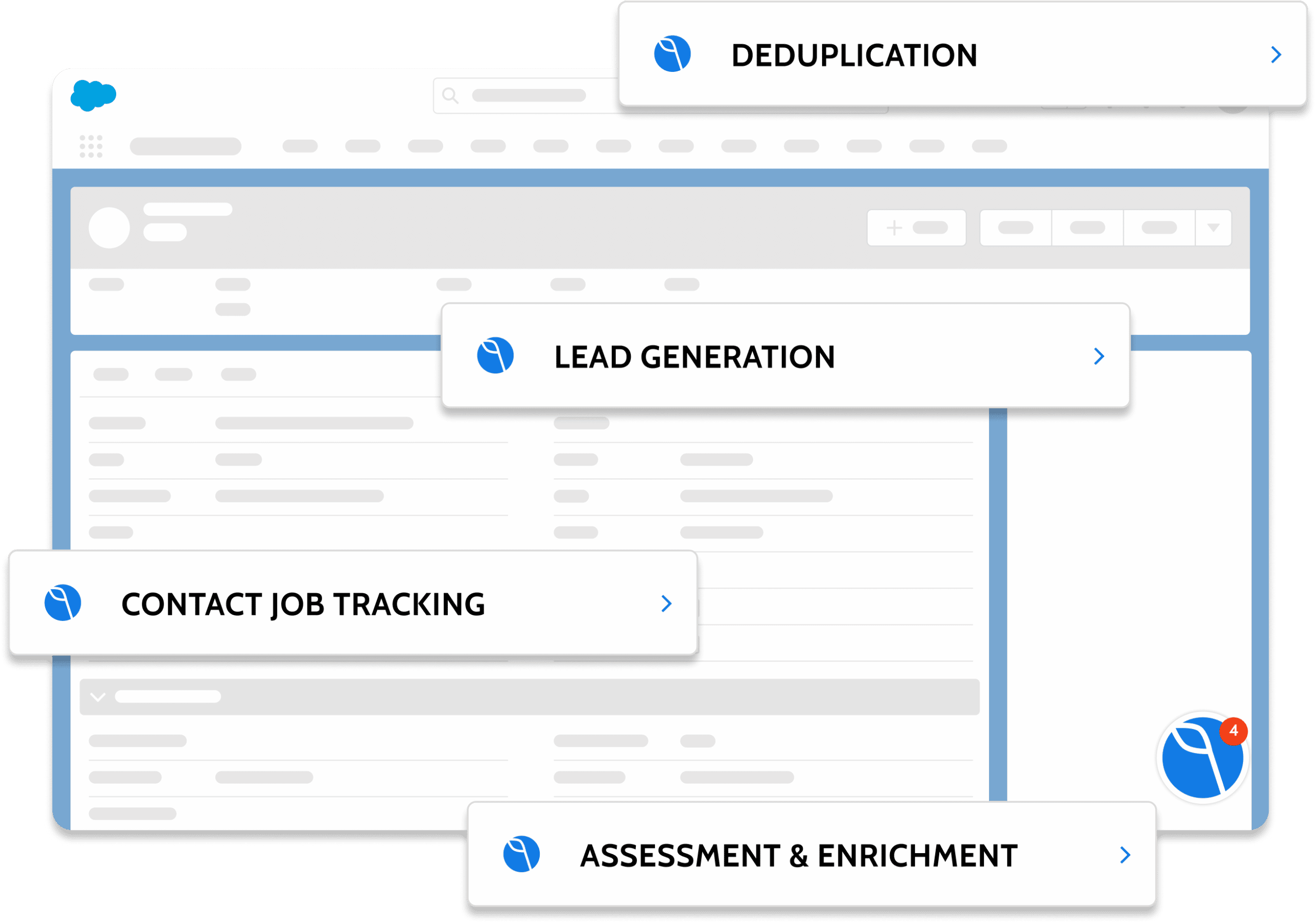 Graphic representation of Delpha and its key product features on Salesforce including deduplication, lead generation, contact job tracking and assessment