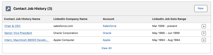 Image of the Contact Job History interface