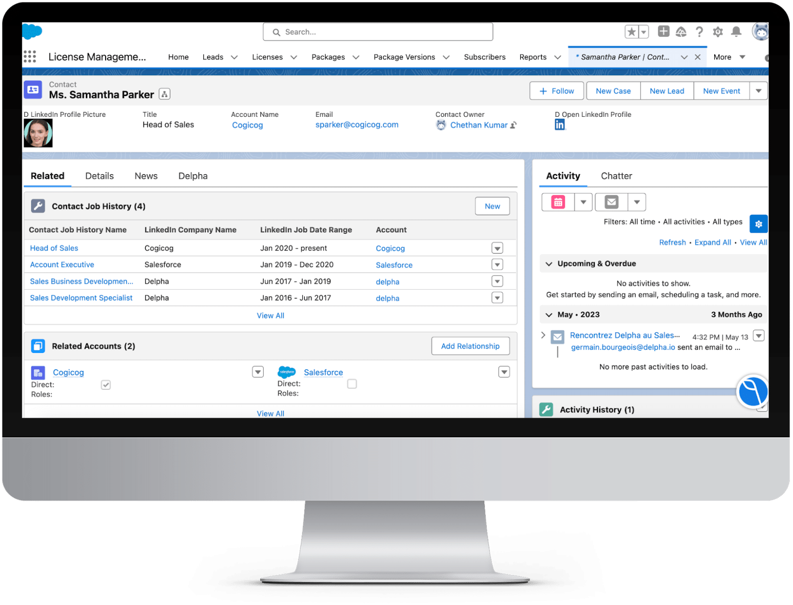 Image of the Salesforce Contact Interface explaining how to Engage with the imported prospect