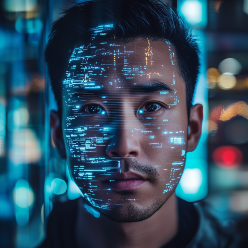 Image of man with code written on his face