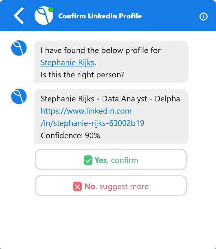 Delpha can detect when LinkedIn profiles are missing and suggest LinkedIn profiles for Salesforce users