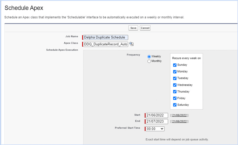 Screenshot of Delpha's scheduler where users can customize to their preferences to run deduplication batches