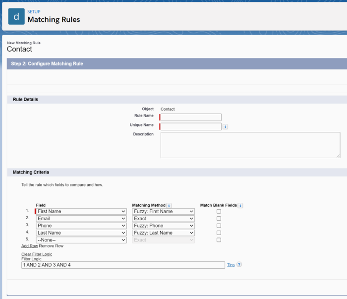 Screenshot of Salesforce matching rules