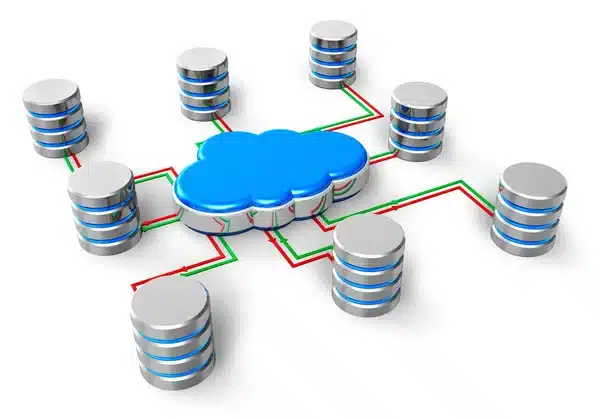 Multiple databases are connected to a giant blue cloud