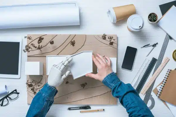 A Man with a robotic arm is working on creating an object
