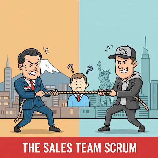 A visual representation of scaling business operations globally, featuring the global teams at a tug of war game to determine who is the owner between them.